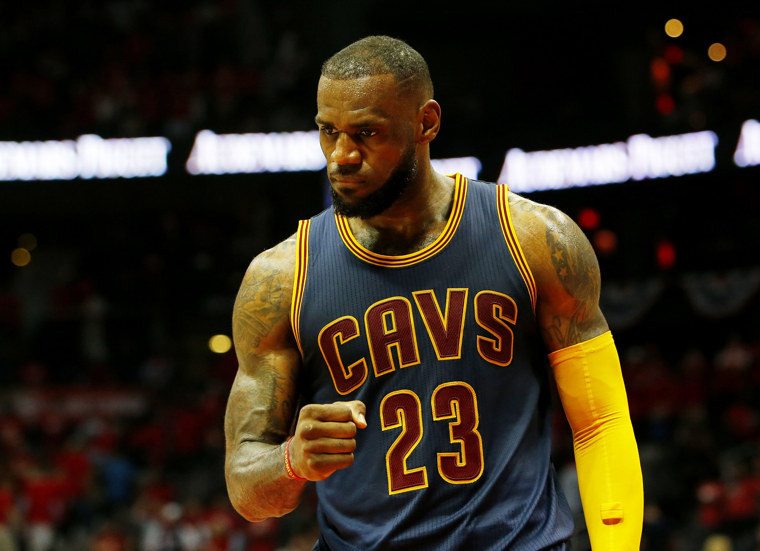 ATLANTA, GA - MAY 20:  LeBron James #23 of the Cleveland Cavaliers reacts in the final minutes of their 97 to 89 win over the Atlanta Hawks during Game One of the Eastern Conference Finals of the 2015 NBA Playoffs at Philips Arena on May 20, 2015 in Atlanta, Georgia. NOTE TO USER: User expressly acknowledges and agrees that, by downloading and or using this Photograph, user is consenting to the terms and conditions of the Getty Images License Agreement.  (Photo by Kevin C. Cox/Getty Images)